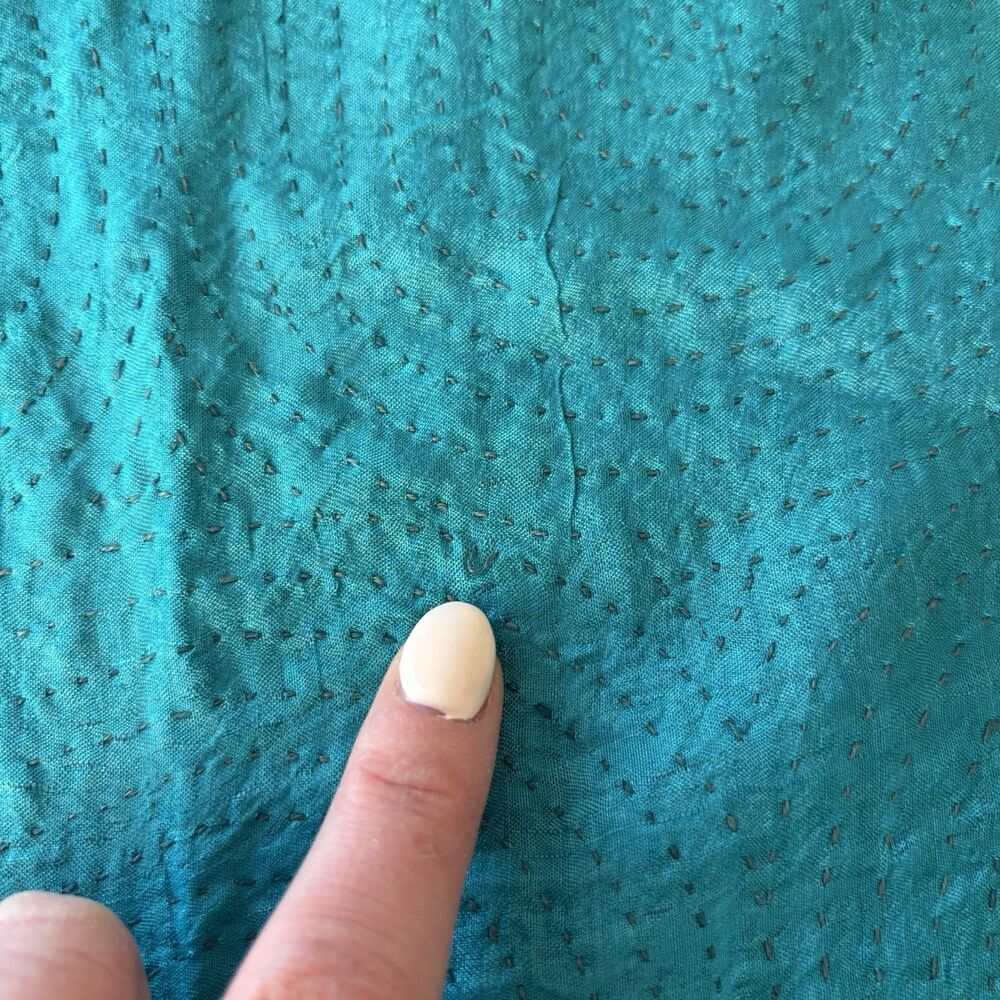 Dosa Hand-Stitched Kantha Silk Scarf Teal and Cerulean Reversible Christina Kim - Picture 8 of 11